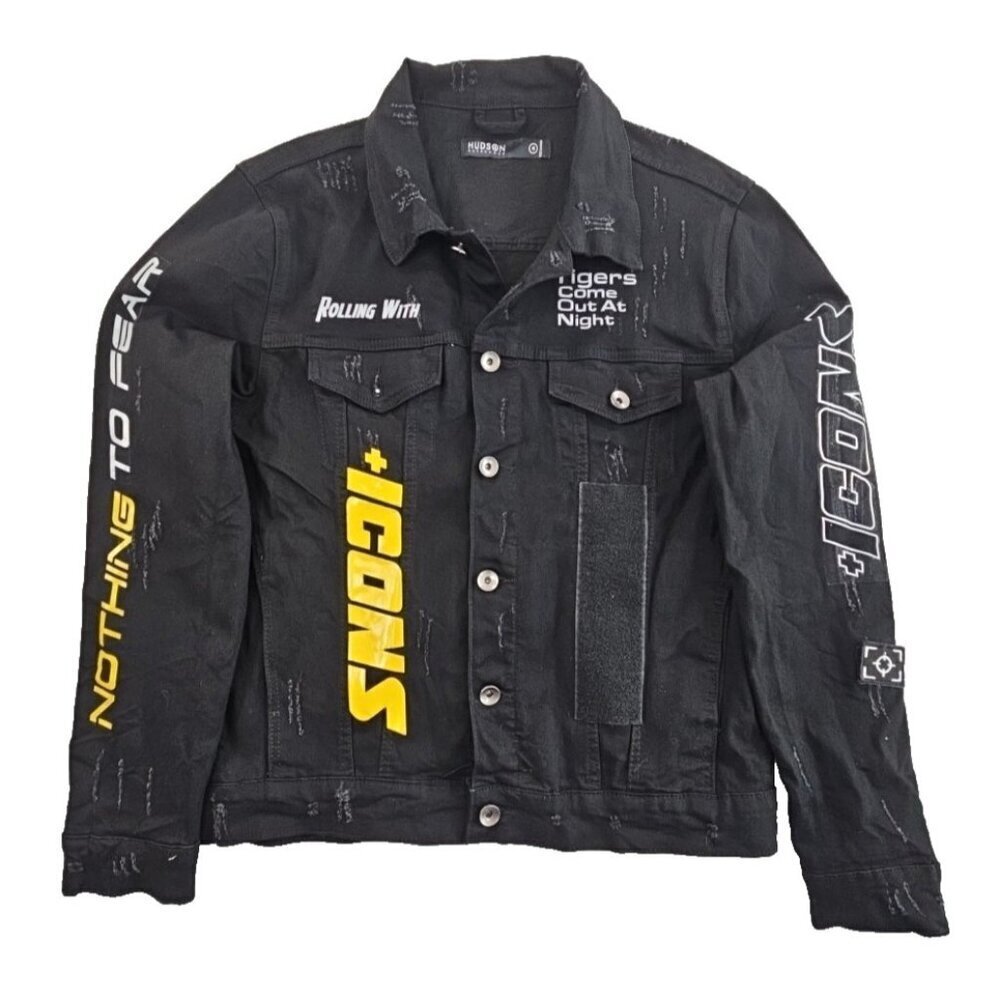 Hudson Outerwear Stretch Denim Jacket Men's Medium Black Long Sleeve Logos EUC‎